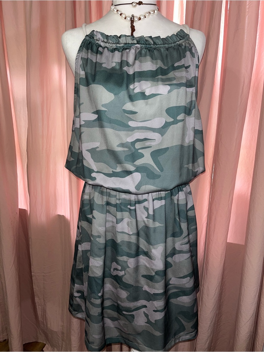 Green Camo Halter - Elastic Waist Dress with Pockets